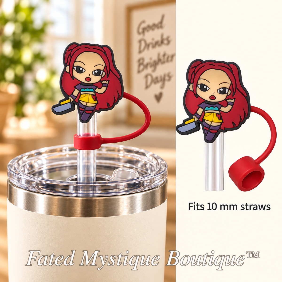 Red-Haired Character straw topper with matching tether for 10 mm straws — Fated Mystique Boutique