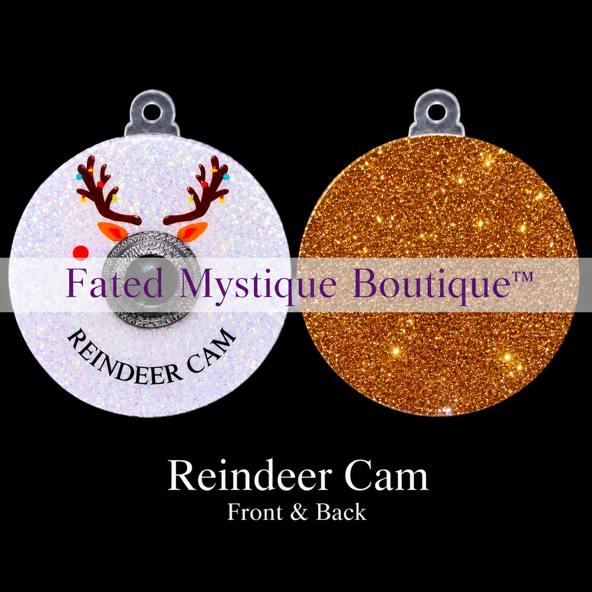 Reindeer Cam ornament with festive antlers, decorative lens, shimmering white front and gold glitter back.