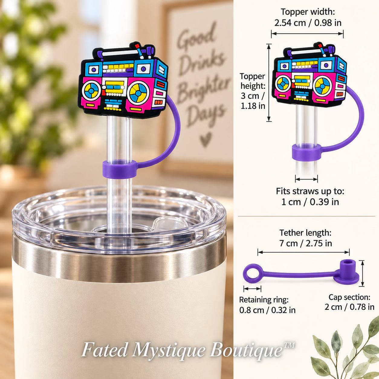 Boom Box straw topper shown in use with measurements and Fated Mystique Boutique watermark