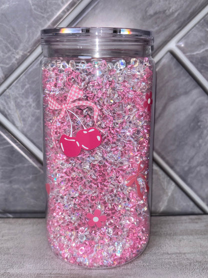 Finished rhinestone snow globe tumbler example made with the DIY craft kit