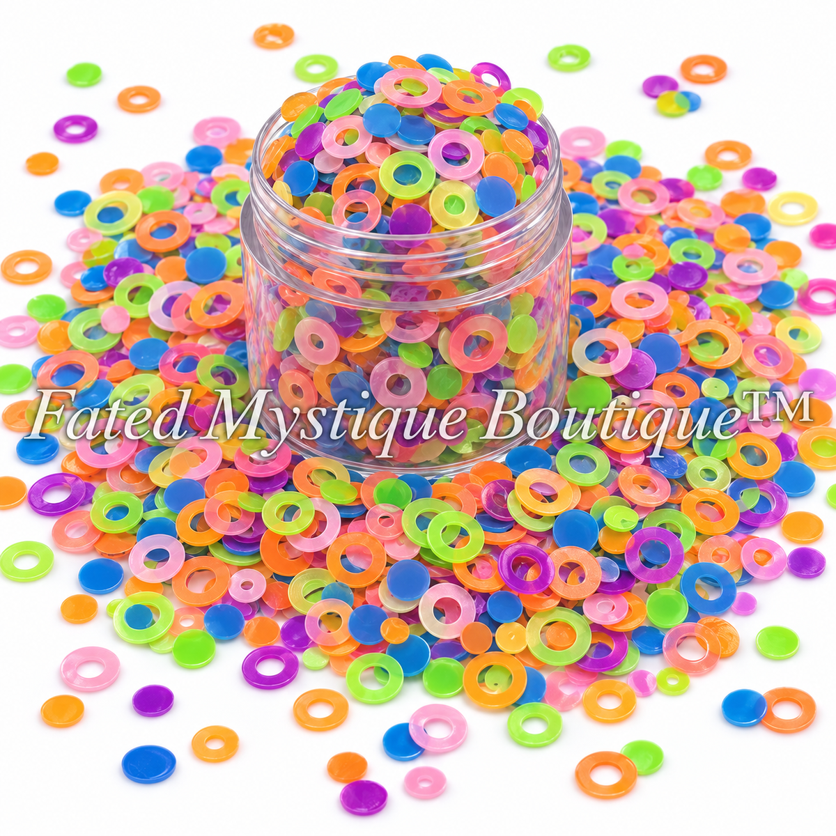 Glow rainbow ring and bubble polymer clay slices in clear jar on white