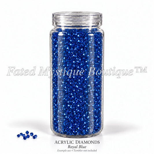 Royal Blue Acrylic Diamonds shown in a clear snow globe tumbler; example use, tumbler not included