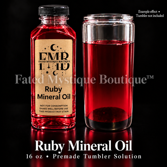 Ruby Mineral Oil — 16 oz bottle beside a clear tumbler showing the oil color; example effect, tumbler not included.