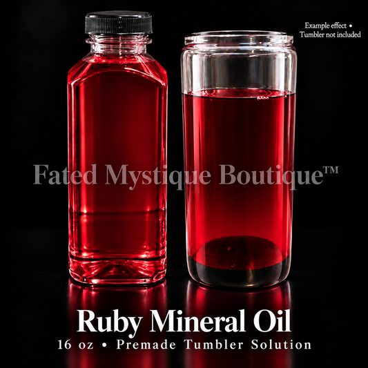 Ruby Mineral Oil — 16 oz bottle beside a clear tumbler showing the oil color; example effect, tumbler not included.