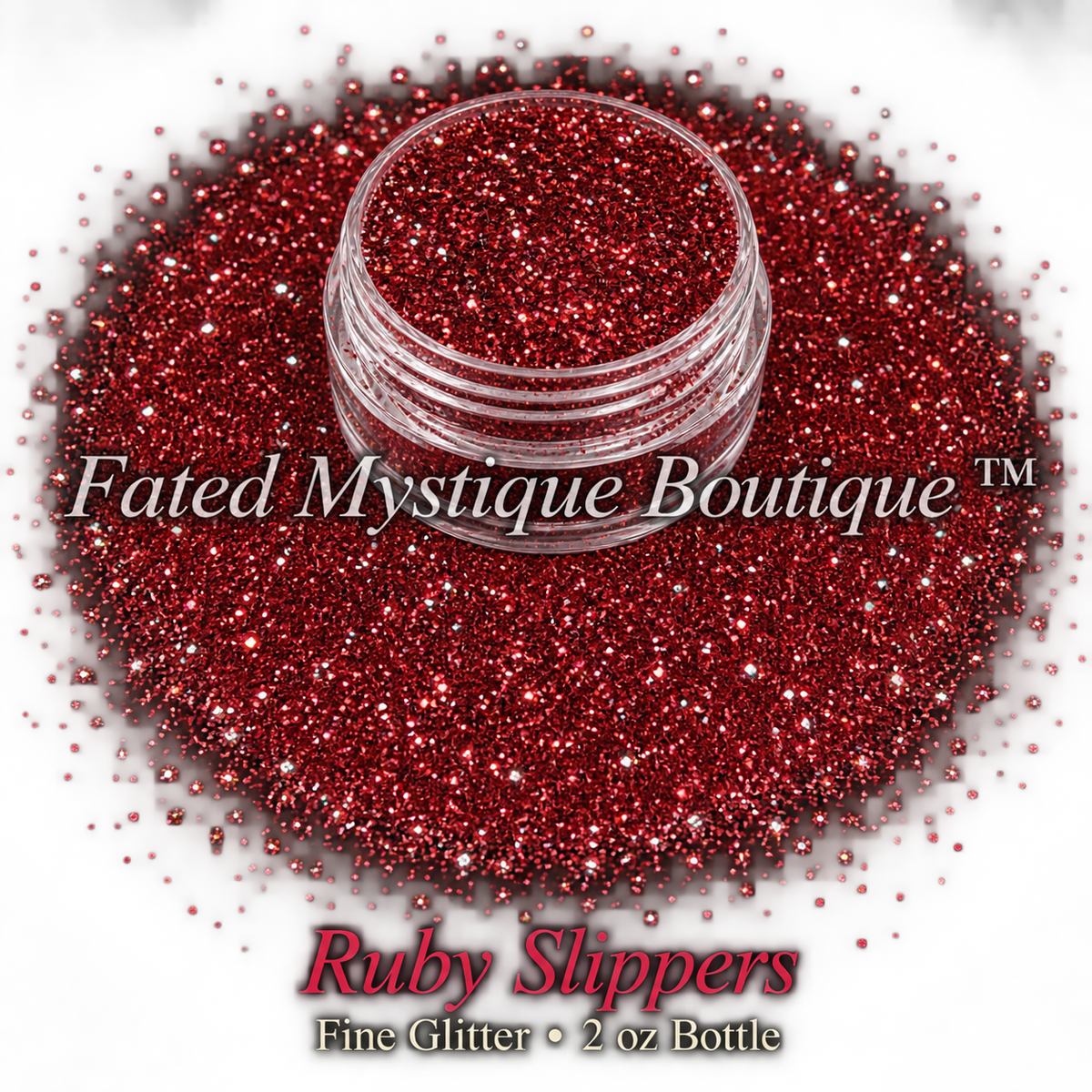 Ruby Slippers deep ruby-red fine glitter with red and silver reflective flashes in a clear jar on black; 2 oz bottle.