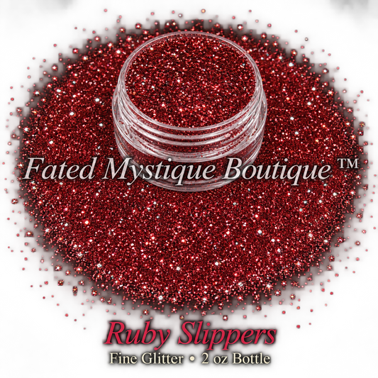Ruby Slippers deep ruby-red fine glitter with red and silver reflective flashes in a clear jar on black; 2 oz bottle.