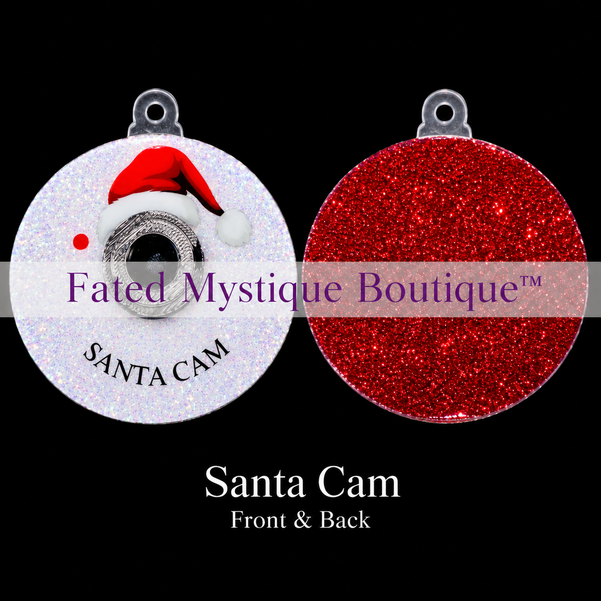 Santa Cam ornament with a red Santa hat, decorative lens, shimmering white front and red glitter back.