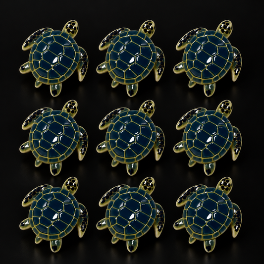 Sea Turtle Charms, 9 pieces clearance pack, shown on a black studio background