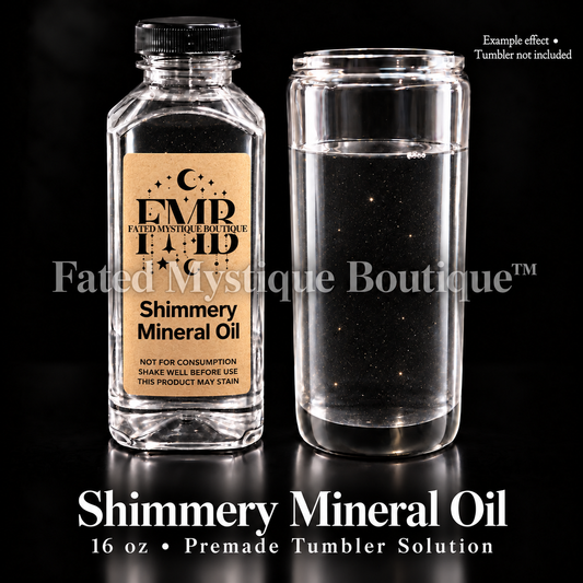 Shimmery Mineral Oil — clear oil with delicate shimmer, 16 oz bottle beside an example tumbler; tumbler not included.