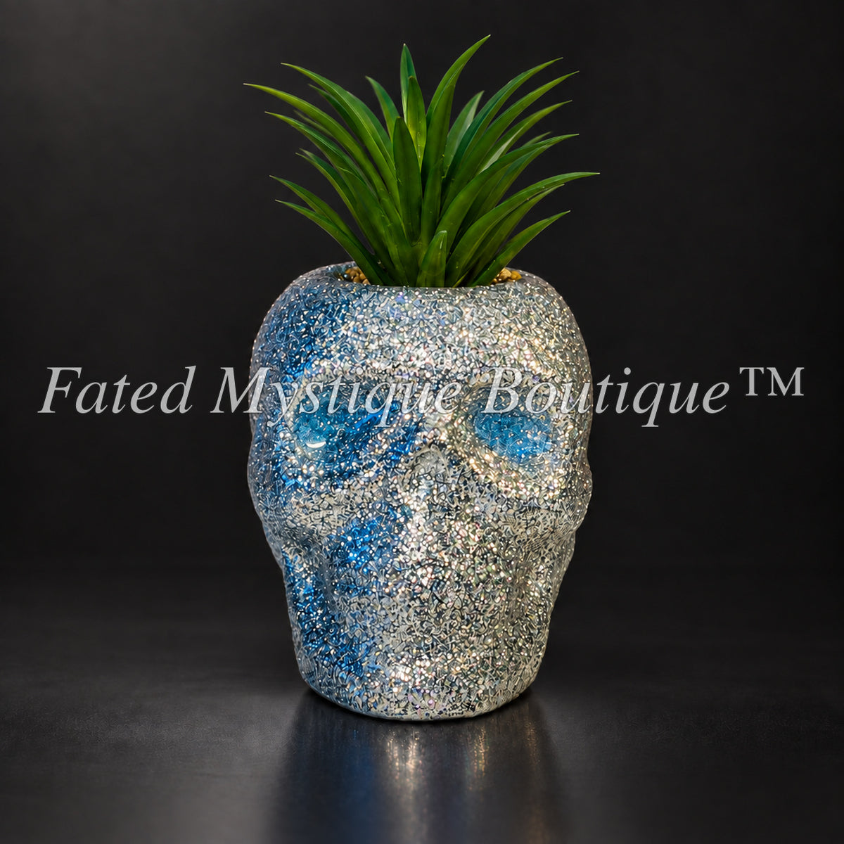 Small silver glitter skull faux succulent planter with glow-in-the-dark eyes — Fated Mystique Boutique
