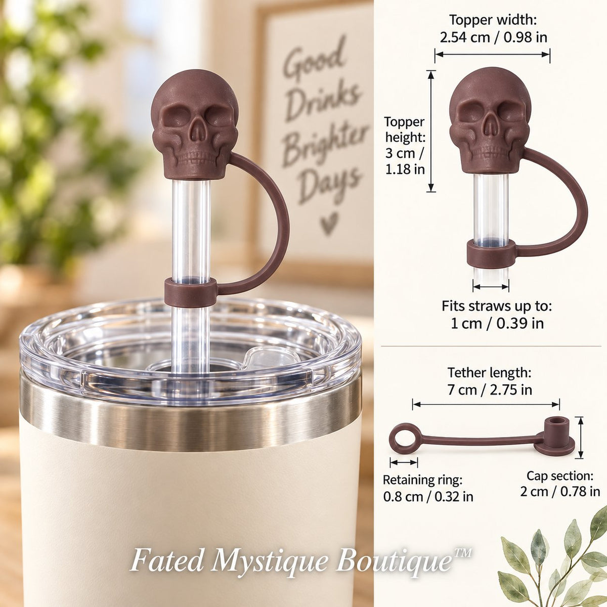 Skull Straw Topper Mauve straw topper shown in use with measurements and Fated Mystique Boutique watermark
