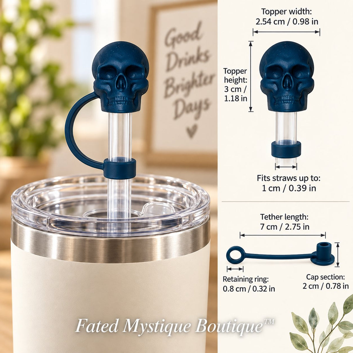 Skull Straw Topper Dark Blue straw topper shown in use with measurements and Fated Mystique Boutique watermark