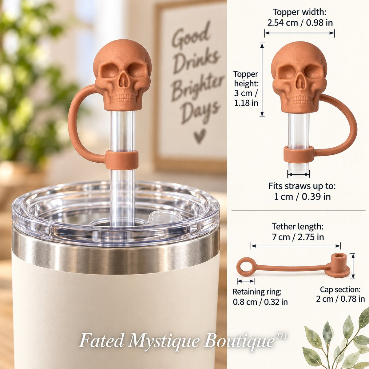 Skull Straw Topper Peach straw topper shown in use with measurements and Fated Mystique Boutique watermark