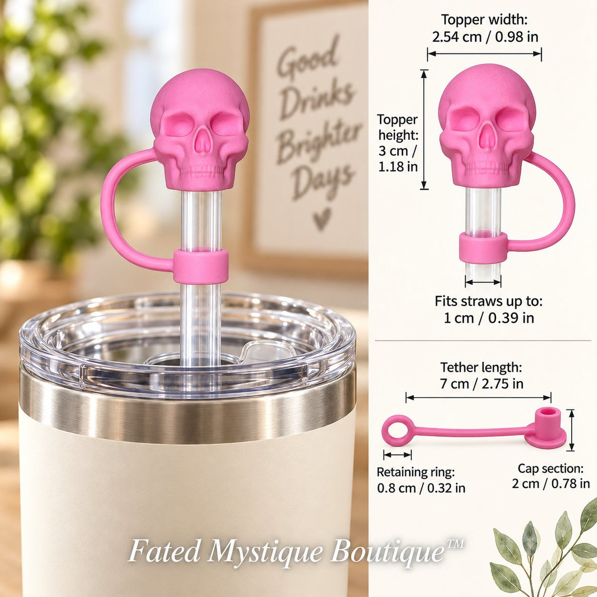 Skull Straw Topper Pink straw topper shown in use with measurements and Fated Mystique Boutique watermark