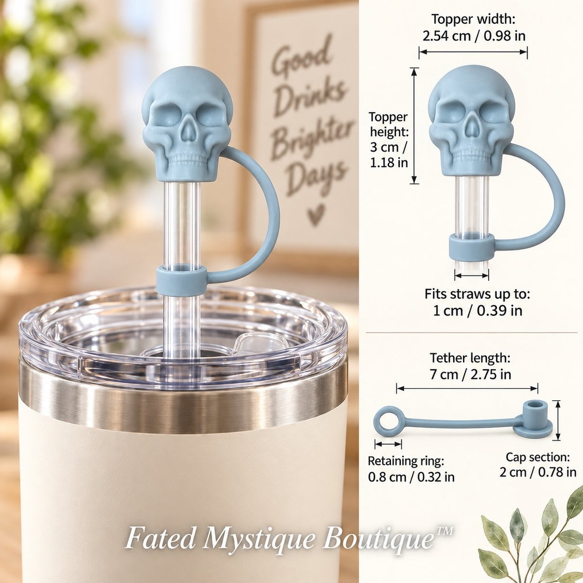 Skull Straw Topper Light Blue straw topper shown in use with measurements and Fated Mystique Boutique watermark