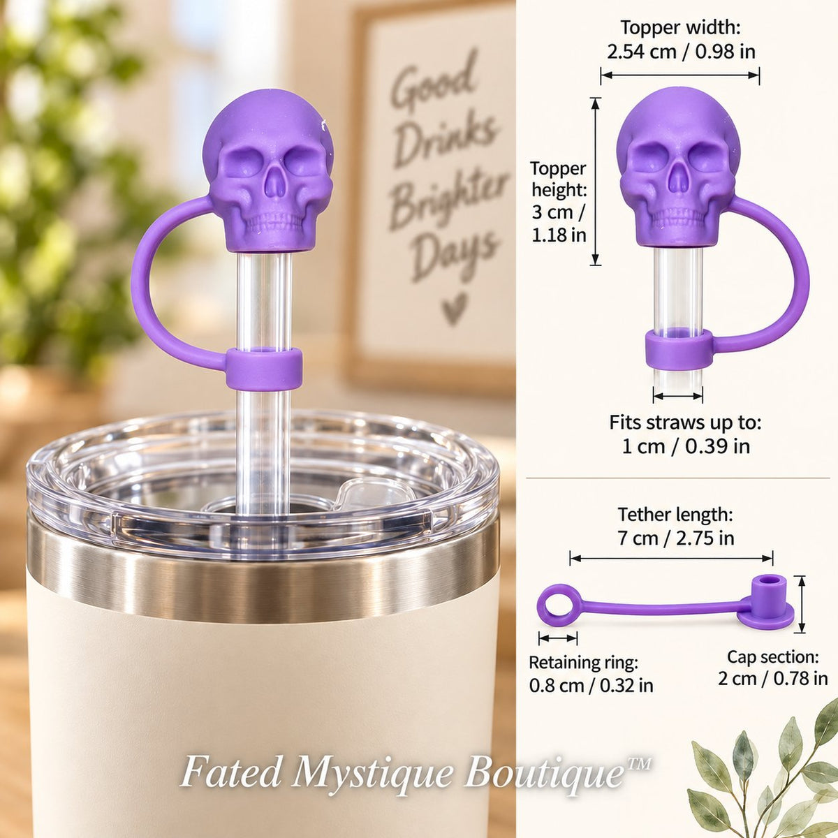 Skull Straw Topper Lavender straw topper shown in use with measurements and Fated Mystique Boutique watermark