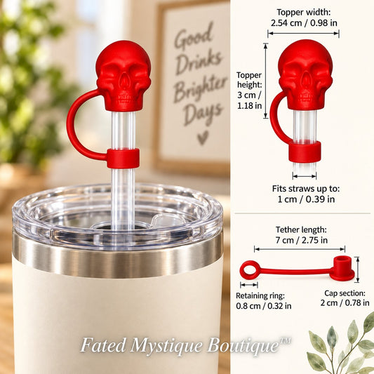 Skull Straw Topper Red straw topper shown in use with measurements and Fated Mystique Boutique watermark