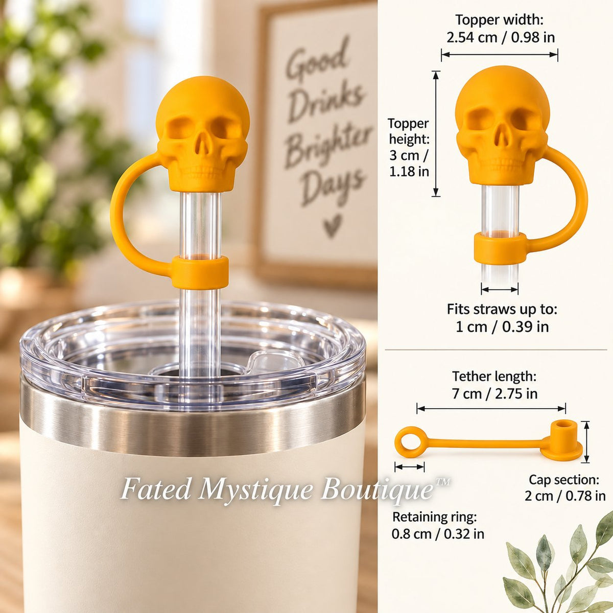Skull Straw Topper Gold straw topper shown in use with measurements and Fated Mystique Boutique watermark