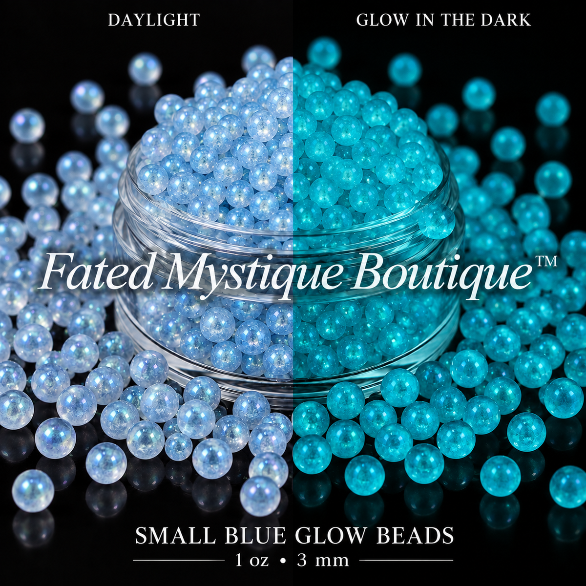 Small Blue Glow Beads 1 oz (3mm) shown in daylight and glowing in the dark on a black background — Fated Mystique Boutique