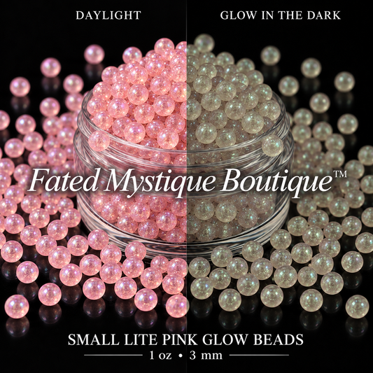 Small Lite Pink Glow Beads 1 oz (3mm) shown in daylight and glowing in the dark on a black background — Fated Mystique Boutique