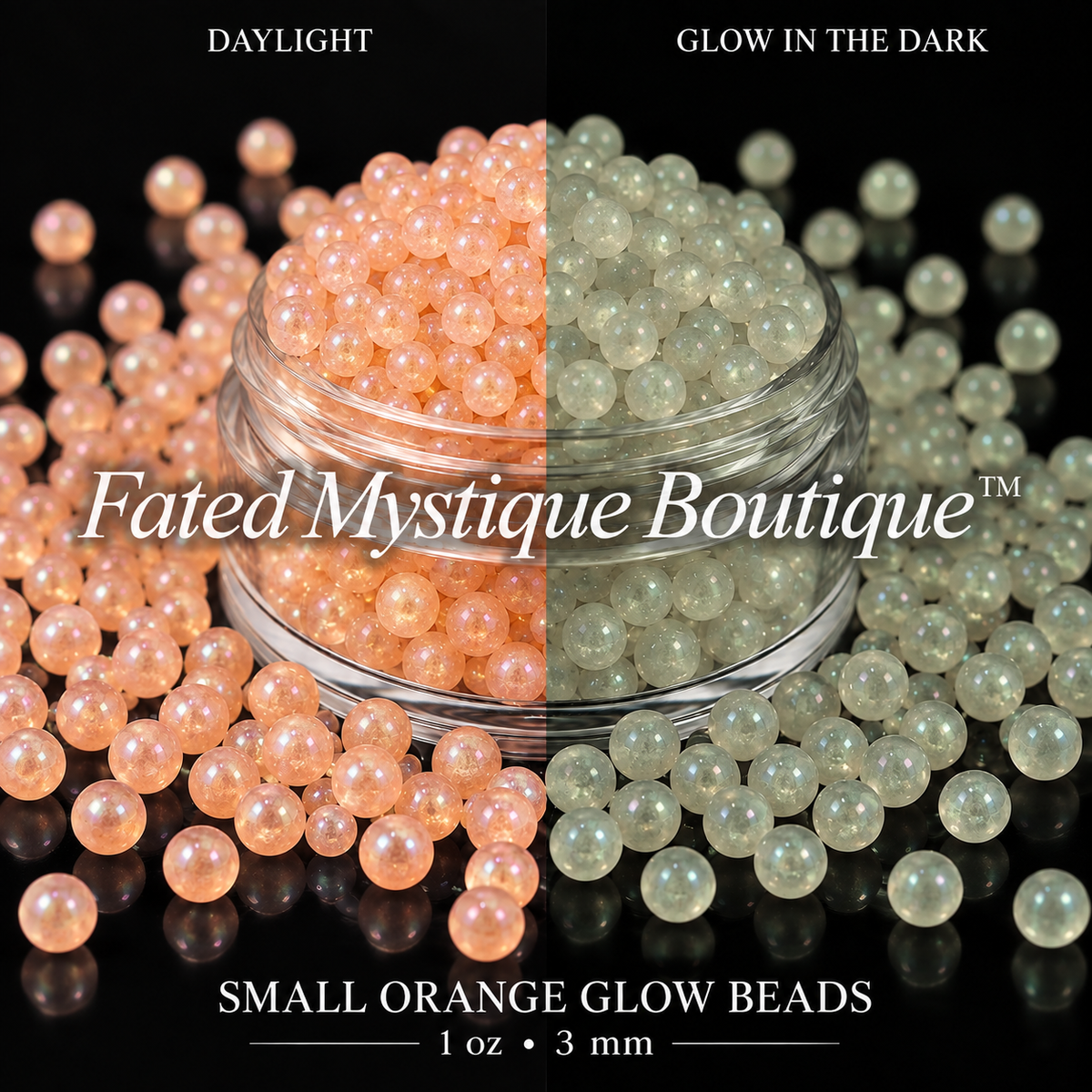 Small Orange Glow Beads 1 oz (3mm) shown in daylight and glowing in the dark on a black background — Fated Mystique Boutique