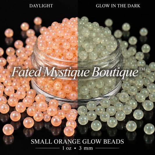 Small Orange Glow Beads 1 oz (3mm) shown in daylight and glowing in the dark on a black background — Fated Mystique Boutique