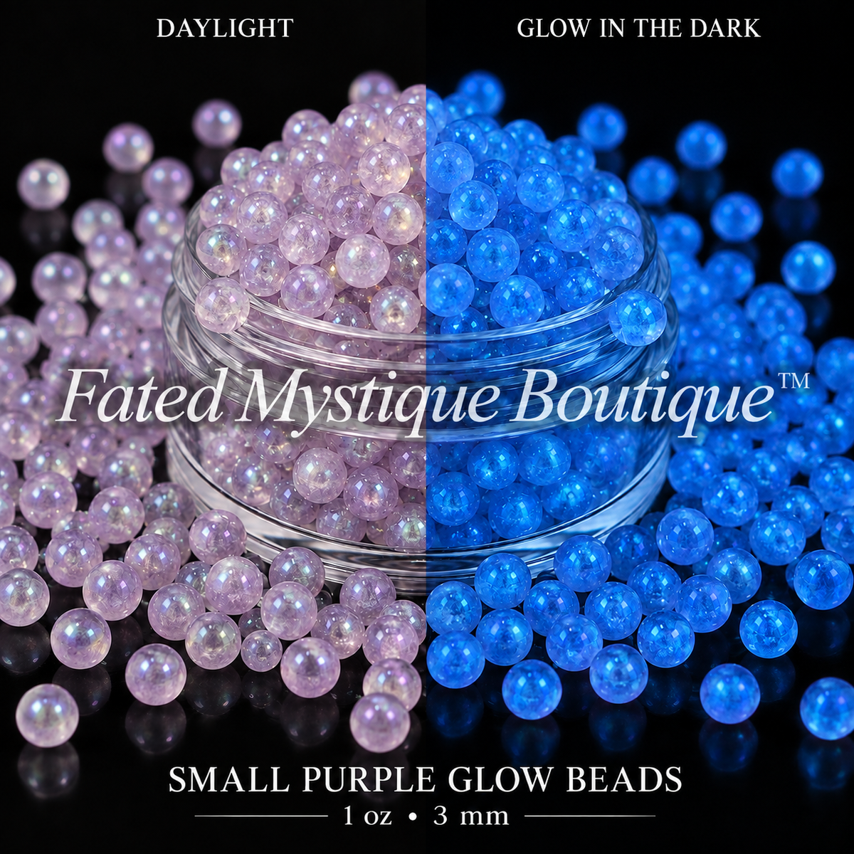 Small Purple Glow Beads 1 oz (3mm) shown in daylight and glowing in the dark on a black background — Fated Mystique Boutique