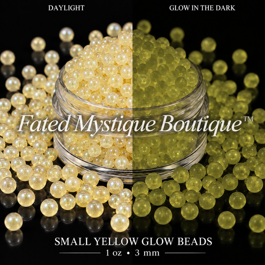 Small Yellow Glow Beads 1 oz (3mm) shown in daylight and glowing in the dark on a black background — Fated Mystique Boutique
