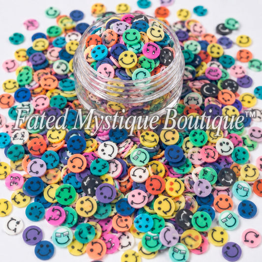 Smiley face polymer clay slices for colorful snow globe tumblers slime and DIY crafts