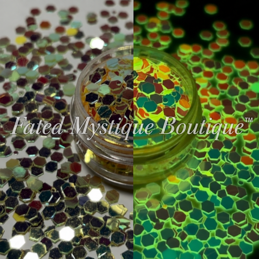 Solar Flare yellow pink and gold color-shifting glow-in-the-dark chunky glitter; side-by-side effects with Fated Mystique Boutique™ watermark