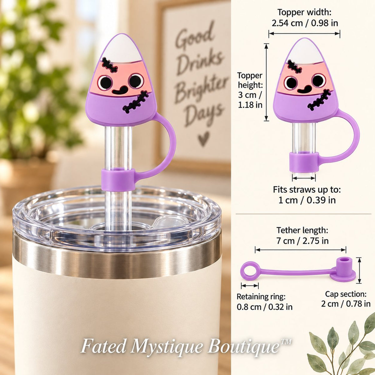 Halloween Candy Straw Topper straw topper shown in use with measurements and Fated Mystique Boutique watermark