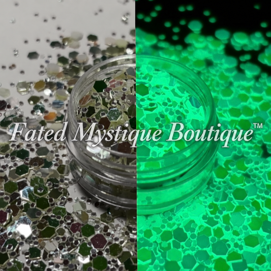 Stardust white green and silver color-shifting glow-in-the-dark chunky glitter; side-by-side effects with Fated Mystique Boutique™ watermark