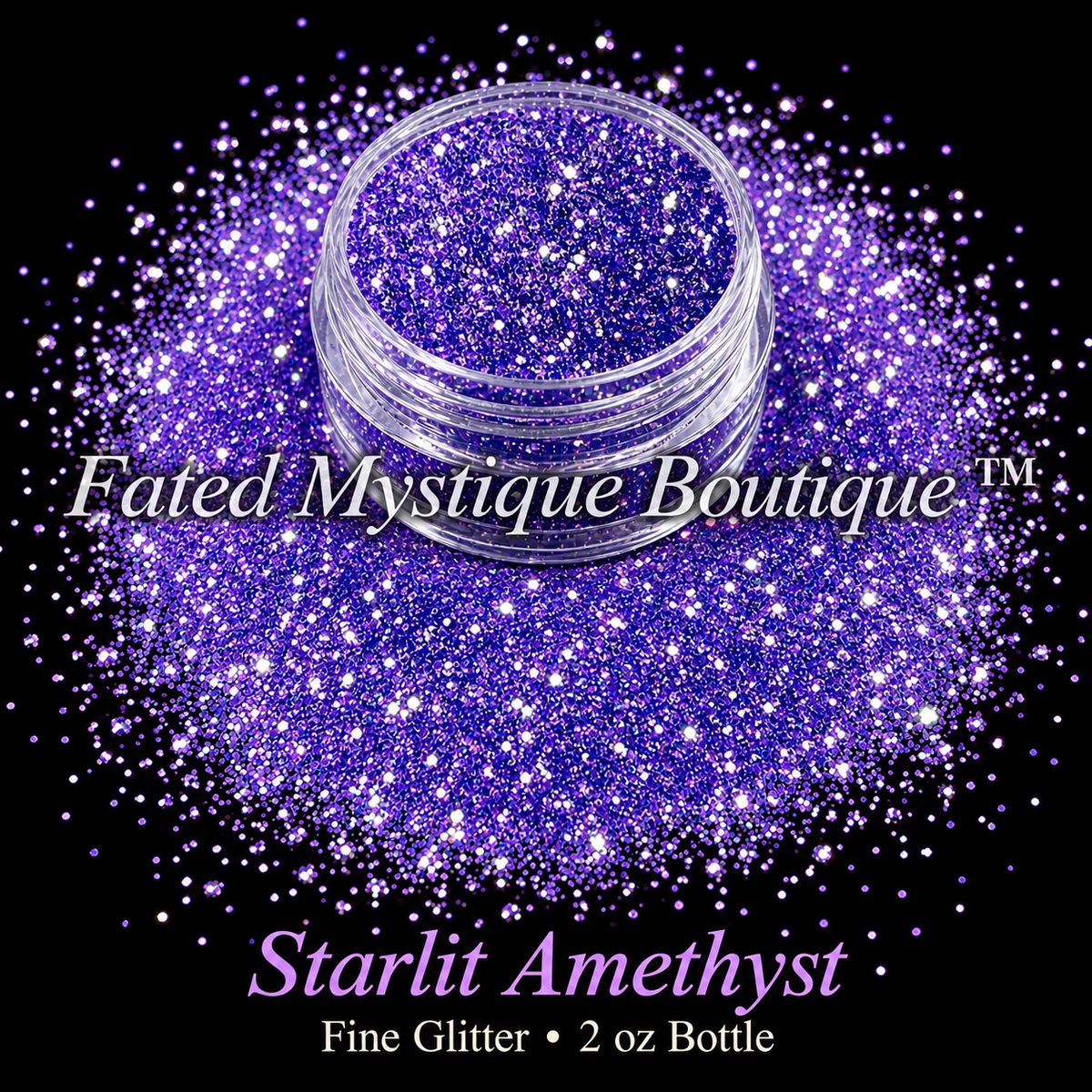Starlit Amethyst purple fine glitter in a clear jar with sparkling spill, 2 oz bottle