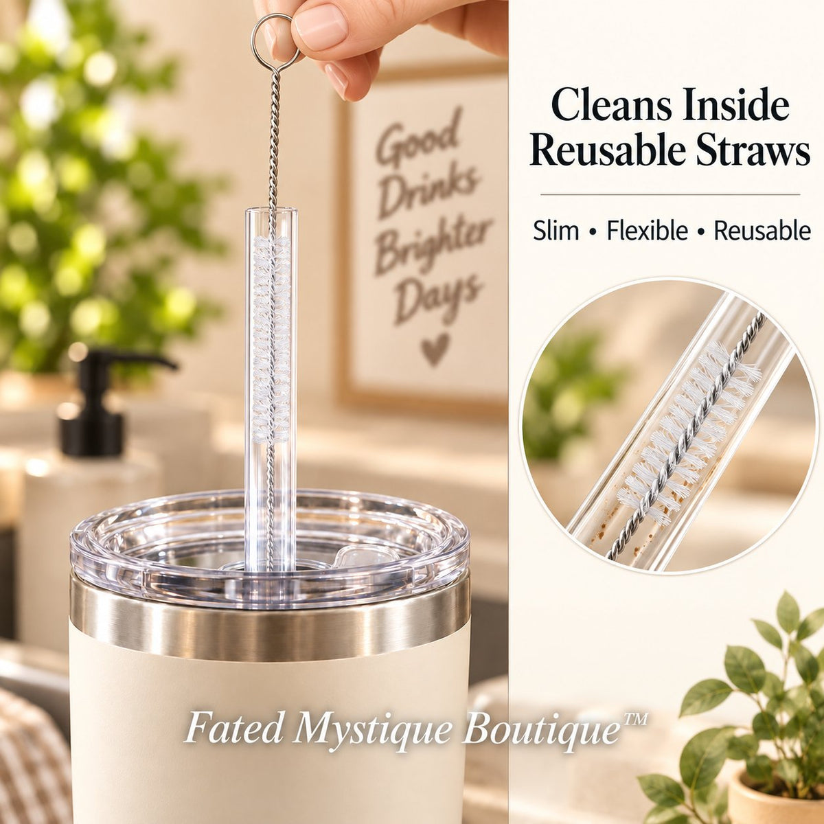 Straw cleaner brush shown cleaning a reusable straw