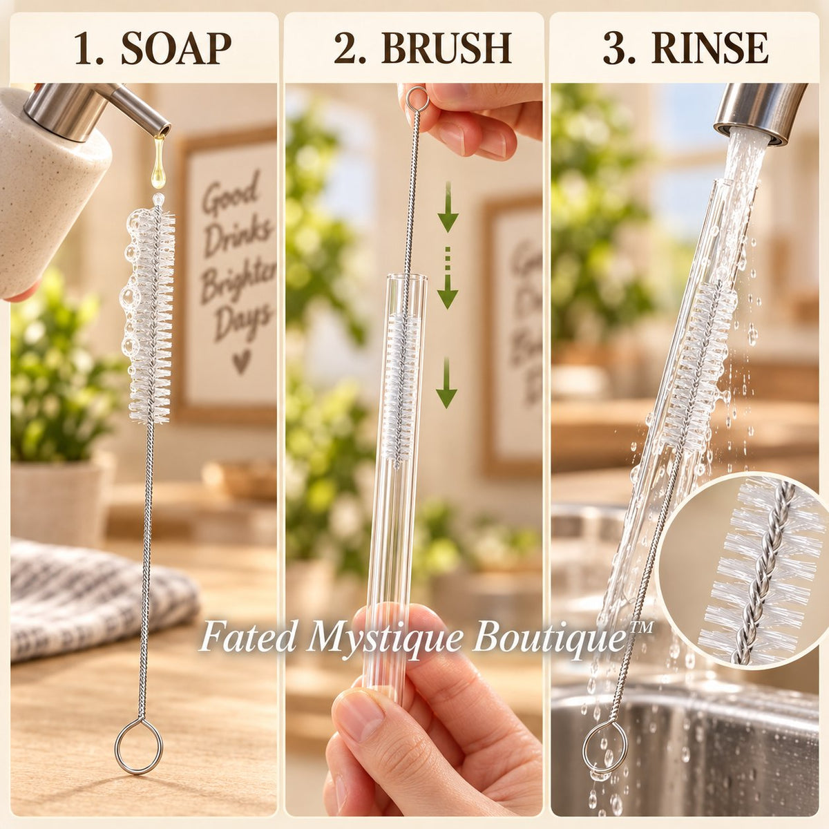Straw cleaner brush soap brush rinse instructions
