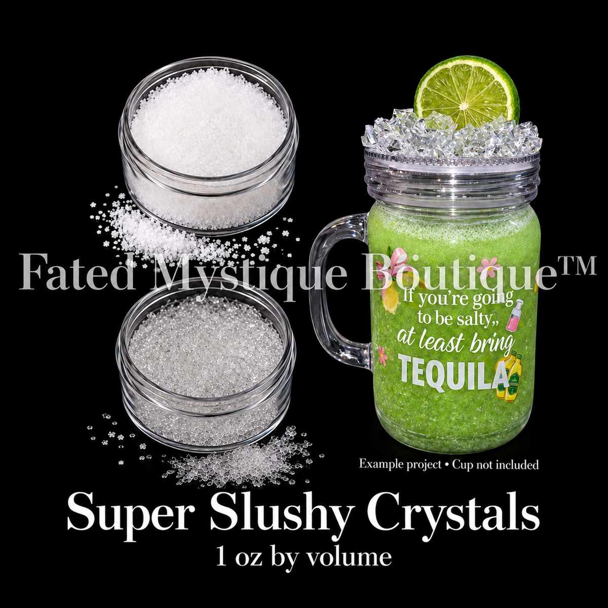 Super Slushy Crystals, 1 oz by volume, with white granules above translucent slushy crystals beside a green example tumbler; cup not included.
