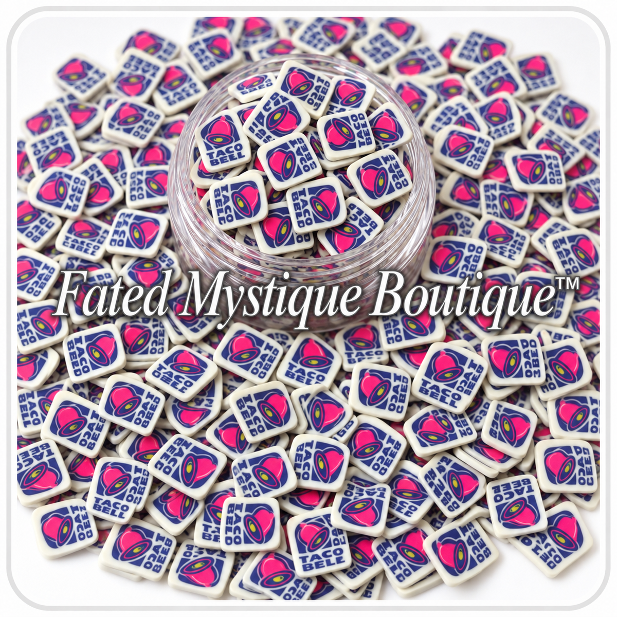 Taco Bell polymer clay slices displayed in a clear jar with loose slices on a white background