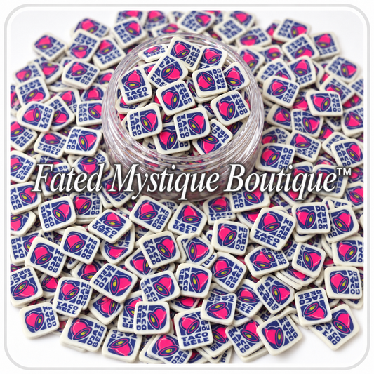 Taco Bell polymer clay slices displayed in a clear jar with loose slices on a white background
