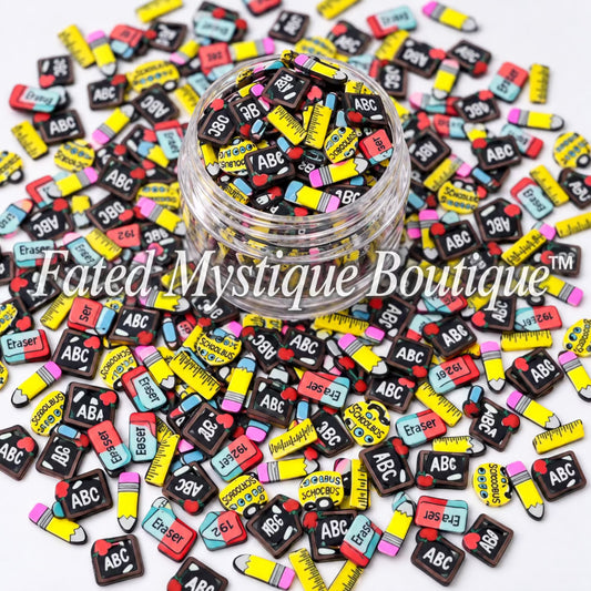 Teacher-themed polymer clay slices for snow globe tumblers slime and DIY craft projects