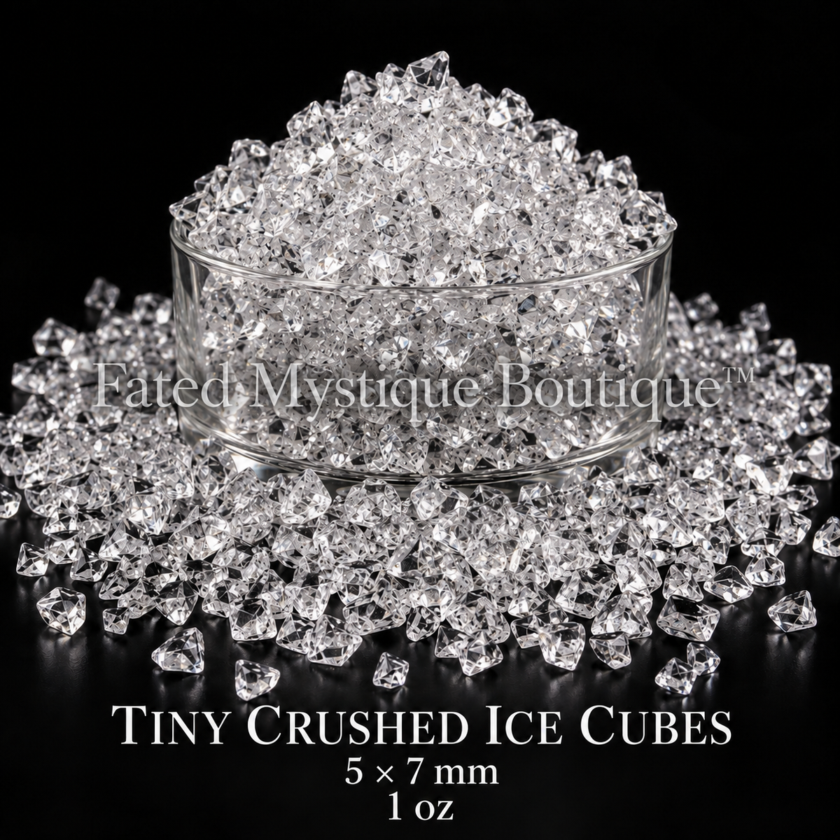 Tiny Crushed Ice Cubes 1 oz, 5 x 7 mm, professional product display — Fated Mystique Boutique