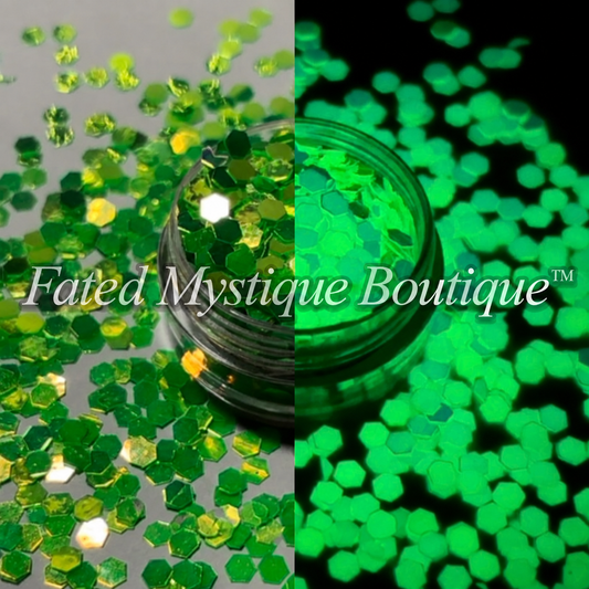 Toxic Ooze green color-shifting glow-in-the-dark chunky glitter for tumbler crafts; side-by-side effects with Fated Mystique Boutique™ watermark