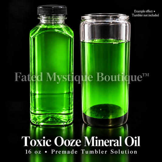 Toxic Ooze Mineral Oil — 16 oz bottle beside a clear tumbler showing the oil color; example effect, tumbler not included.