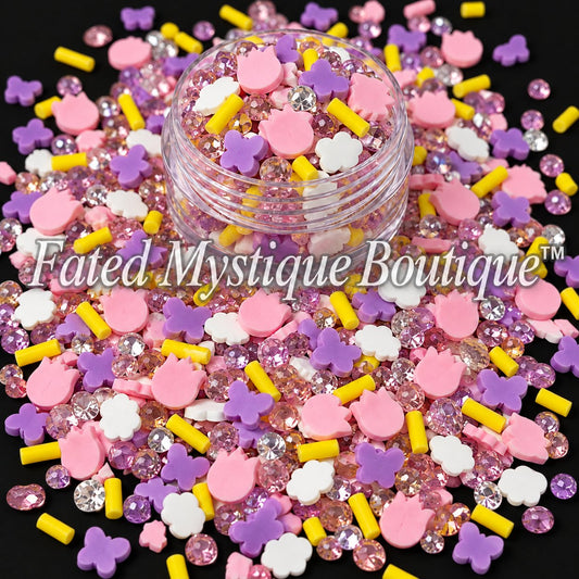 Tulip and butterfly polymer clay slices for spring snow globe tumblers slime and DIY crafts