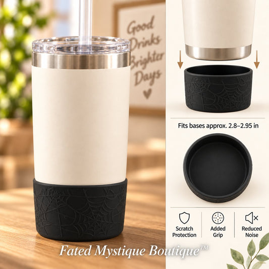 Black Spiderweb silicone tumbler boot installed with compatibility and benefits