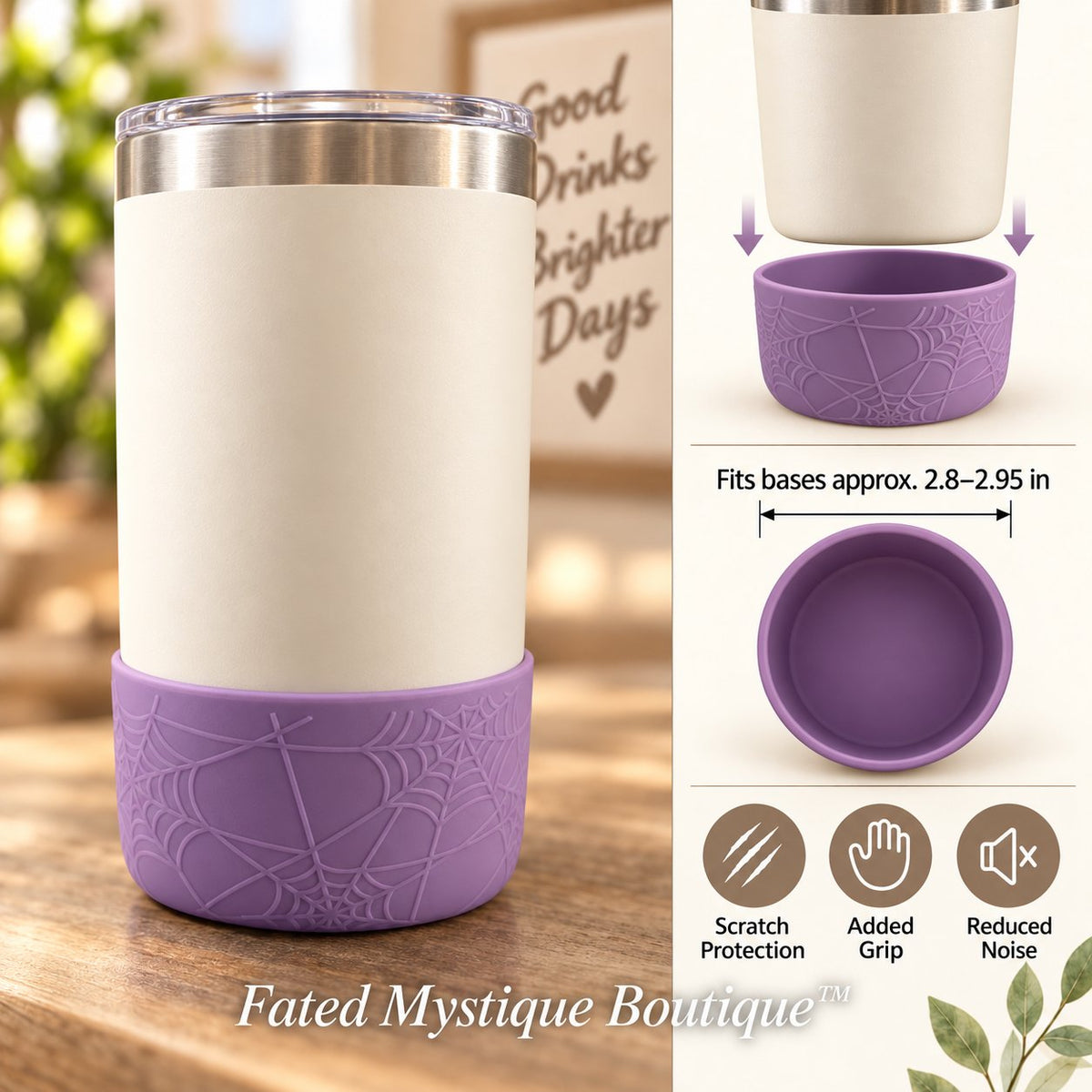 Purple Spiderweb silicone tumbler boot installed with compatibility and benefits