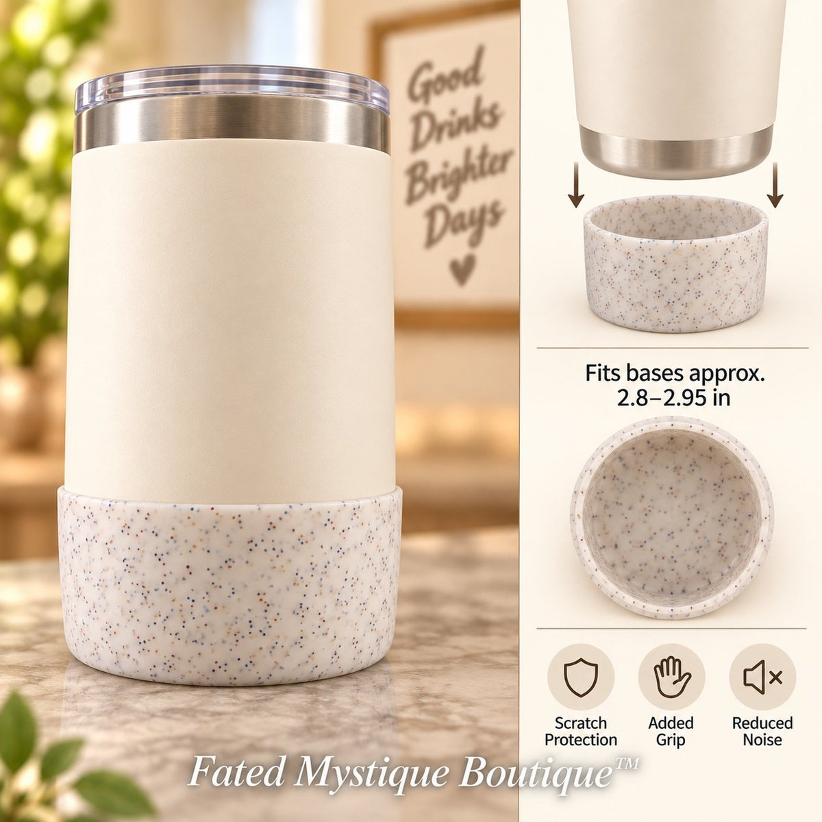 Confetti silicone tumbler boot installed with compatibility and benefits