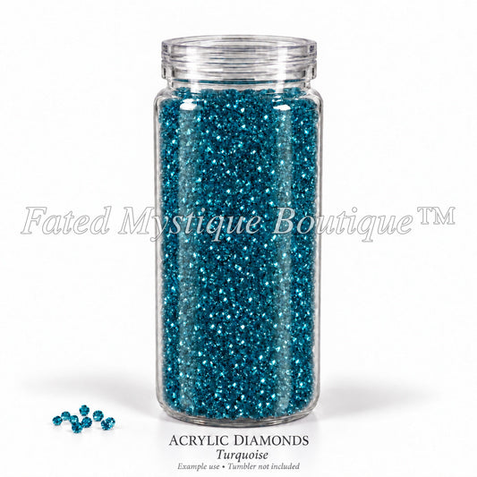 Turquoise Acrylic Diamonds shown in a clear snow globe tumbler; example use, tumbler not included