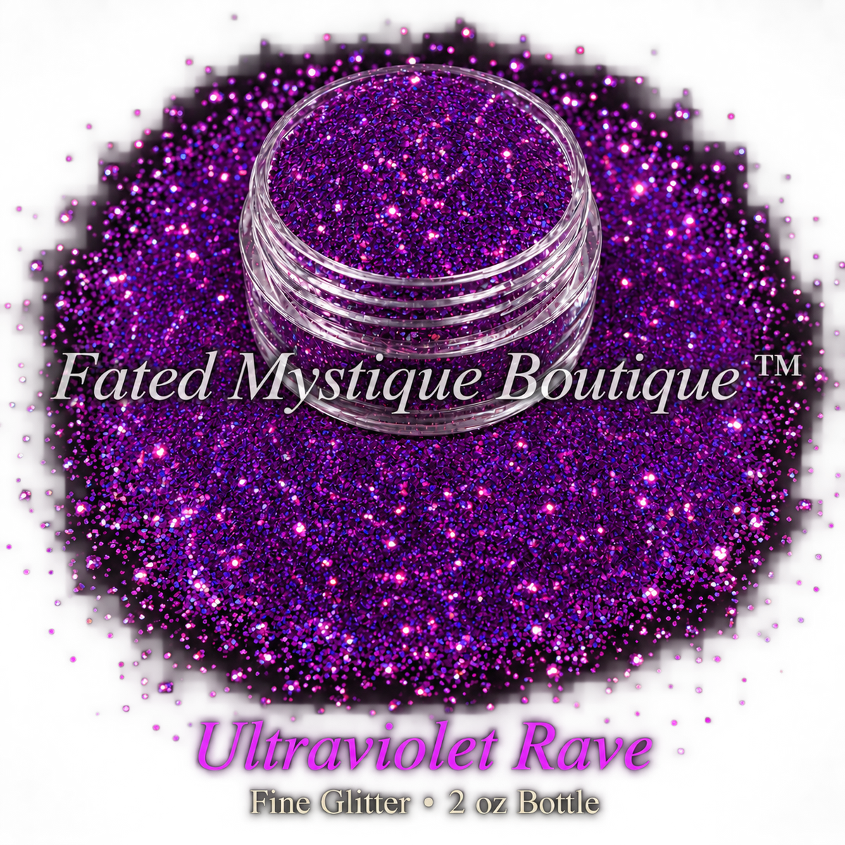 Ultraviolet Rave deep purple fine glitter with magenta and blue reflective flashes in a clear jar on black; 2 oz bottle.