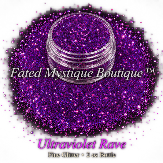Ultraviolet Rave deep purple fine glitter with magenta and blue reflective flashes in a clear jar on black; 2 oz bottle.