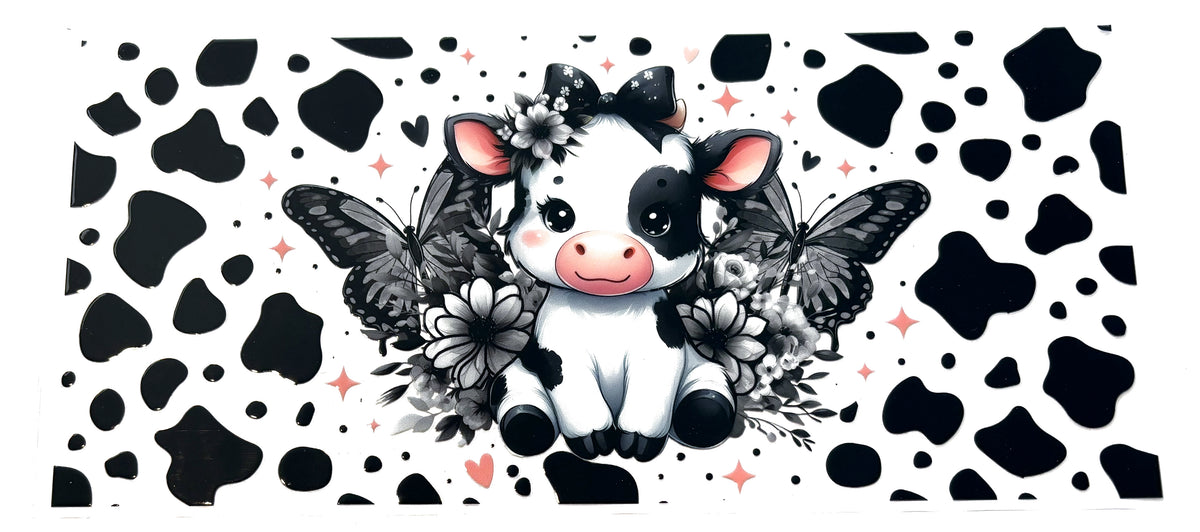 Black white cow butterflies UVDTF decal wrap, #612, on a white background